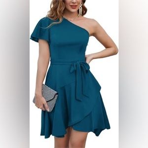 Grace Karin Womens one Shoulder Ruffle Short Sleeve Dress XL Teal Blue